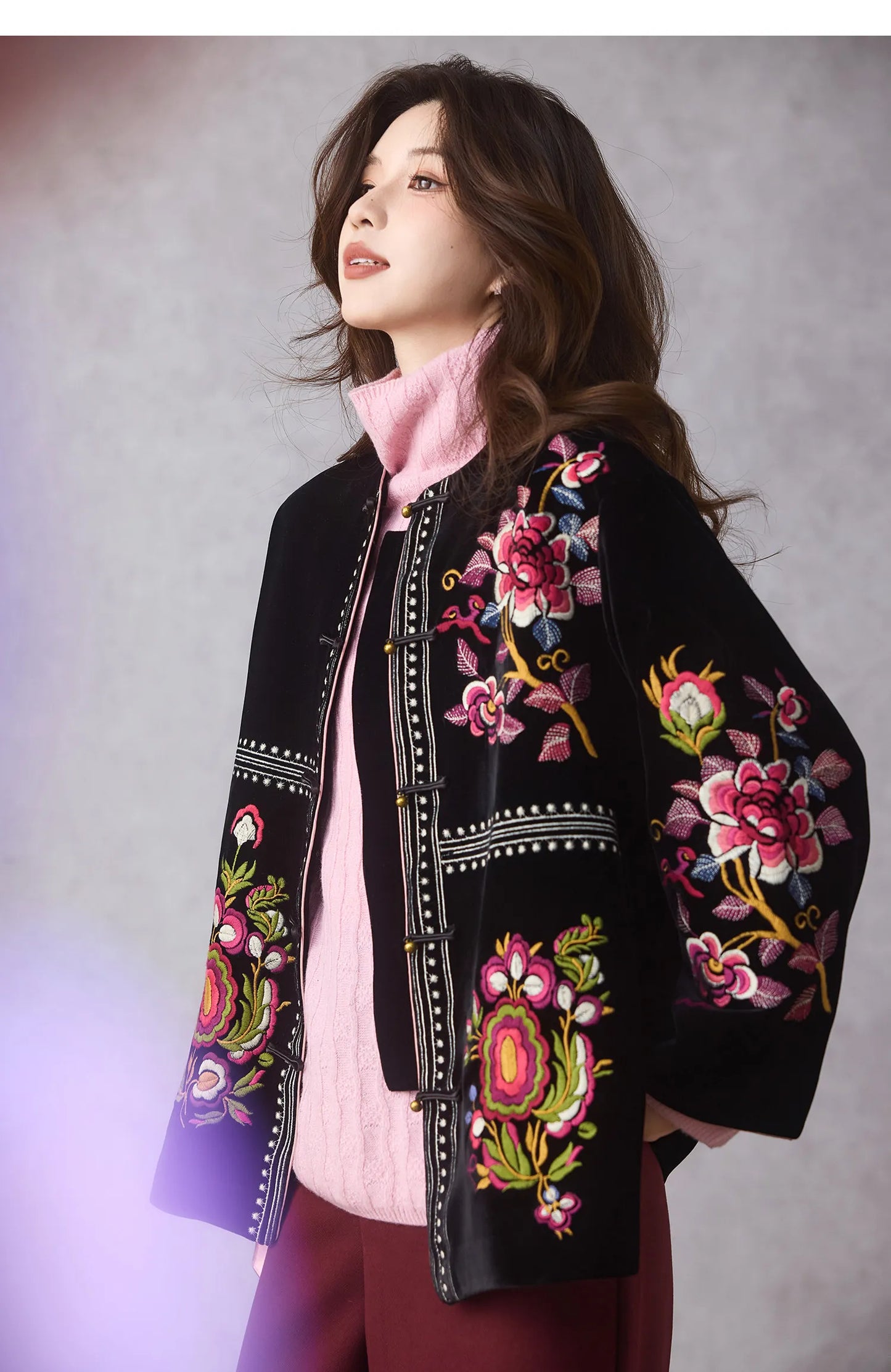Women's Black Embroidered Velvet Jacket — Chinese Floral Style
