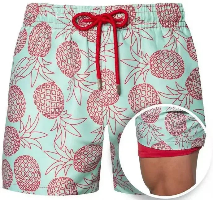 Men's Tropical Print Beach Shorts with Lining — Casual Summer Swim Trunks