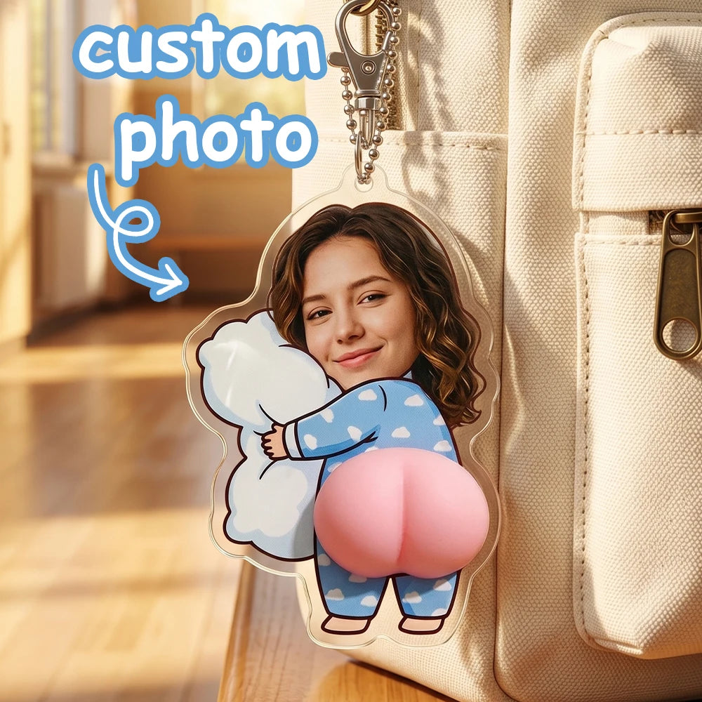 Custom Photo Hugging Pillow Keychain — Squishy Acrylic Charm | Funny Personalized Gift