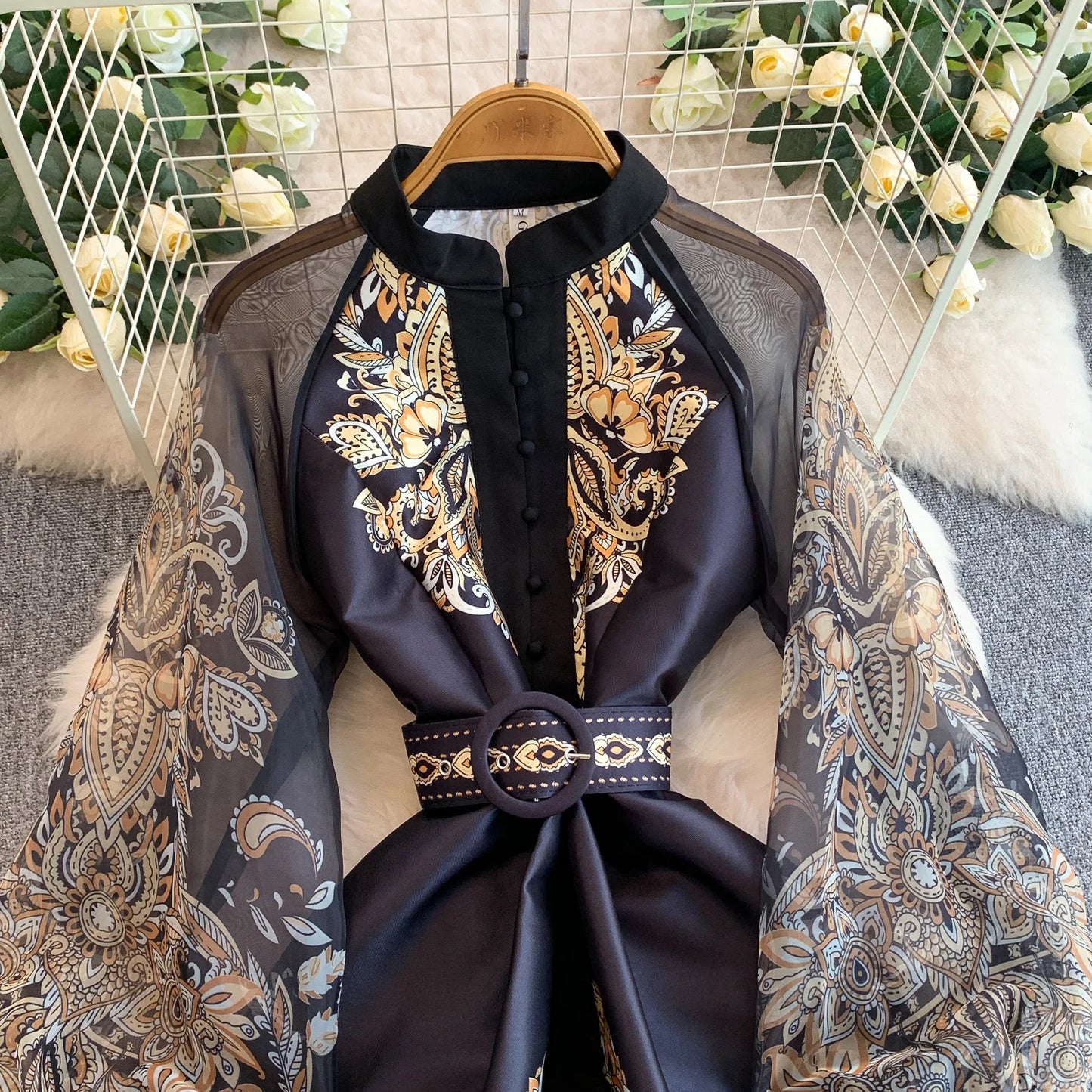 Elegant European Court Style Vintage Mesh Splice Print Lantern Sleeve Long Dress Women's Waist Cinching Slimming Maxi Gown