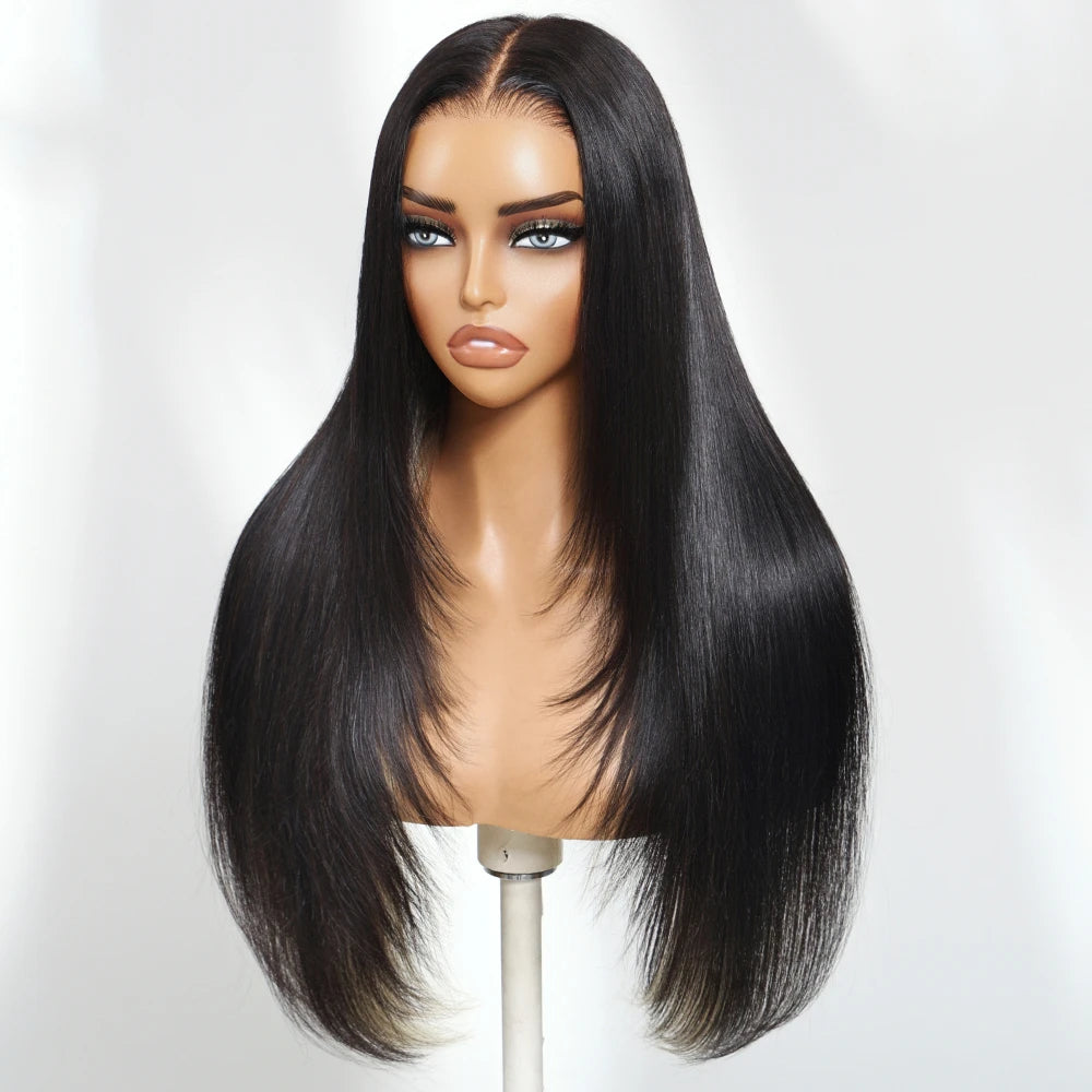 Black With Blonde Underlayer Layered Cut Straight Human Hair Wig | 7x5 Glueless Lace Wig 150% Density
