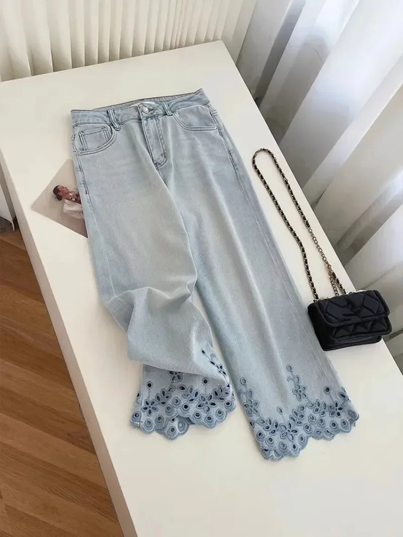 Women's High-Waist Rhinestone Embroidered Straight Jeans — Y2K Luxury Streetwear