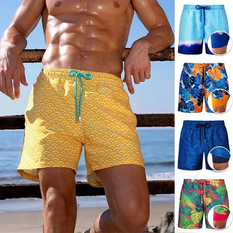 Men's Tropical Print Beach Shorts with Lining — Casual Summer Swim Trunks