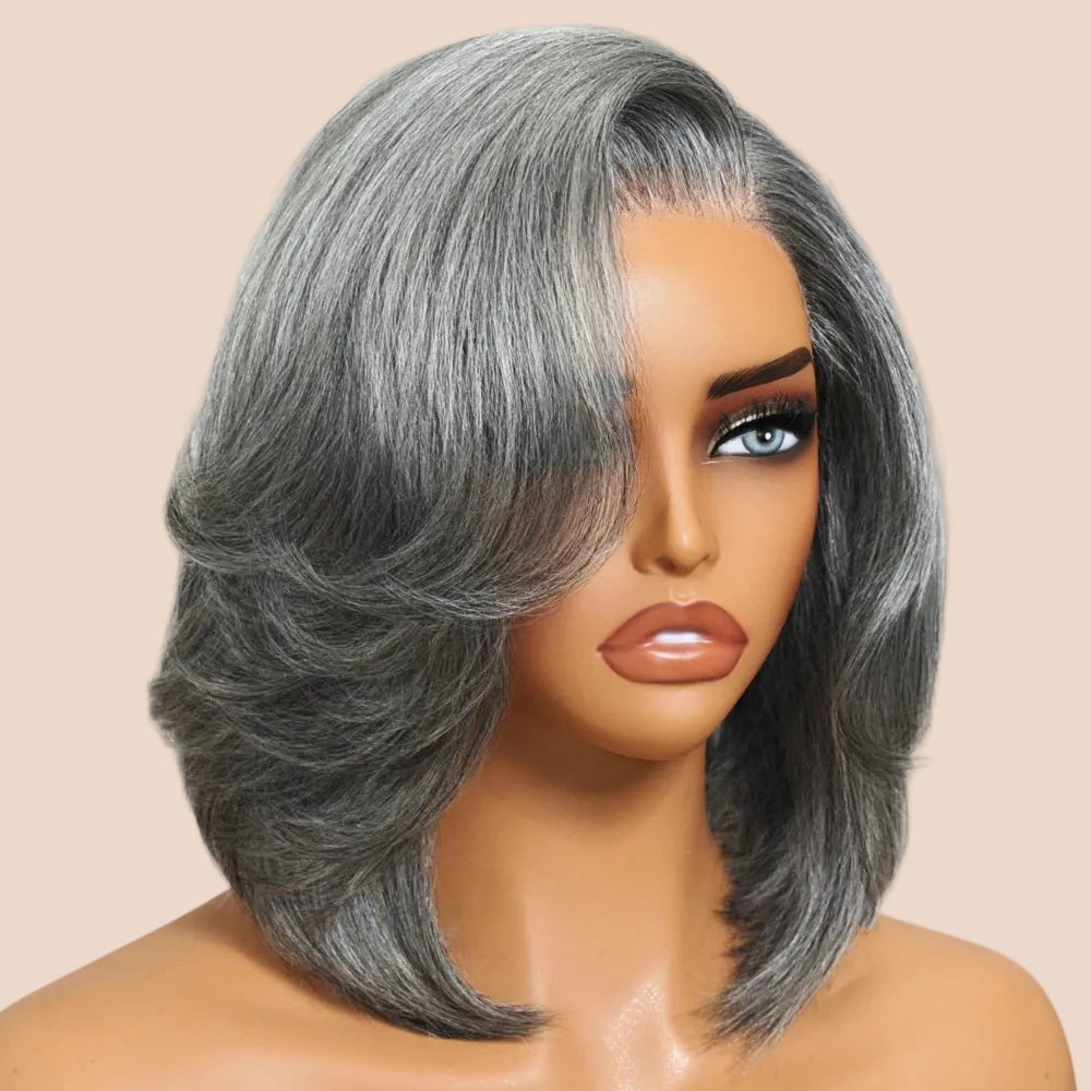 Hair Layered Blowout Salt & Pepper Glueless Human Hair Wig Pre Cut 6.5x1.5 Lace Short Bob Side Part Grey Wig 150% Density