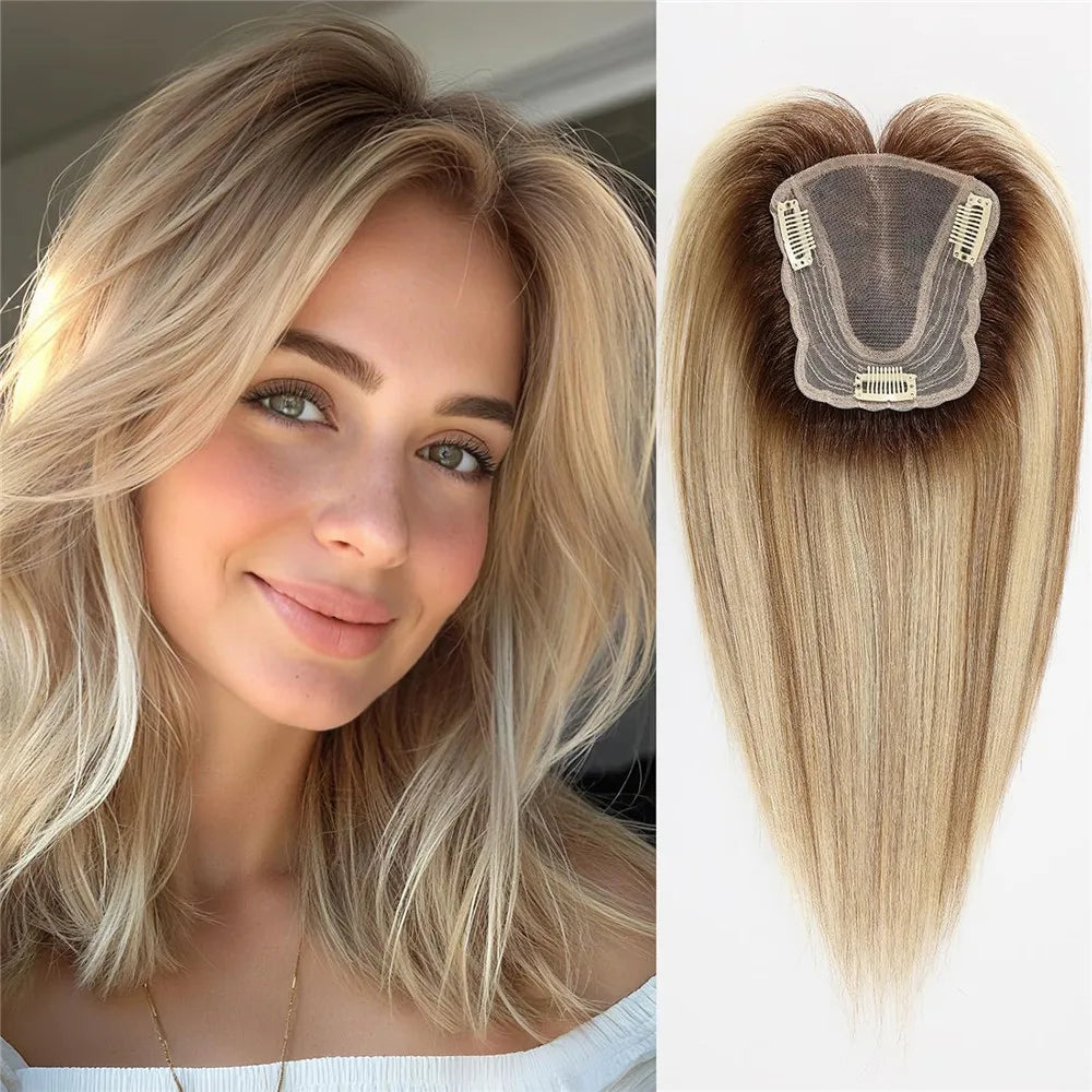 Ombre Blonde Highlight Natural Human Hair Toppers for Women 4.5*5 inch Lace Base Hair Topper Silk Straight Remy Hairpiece