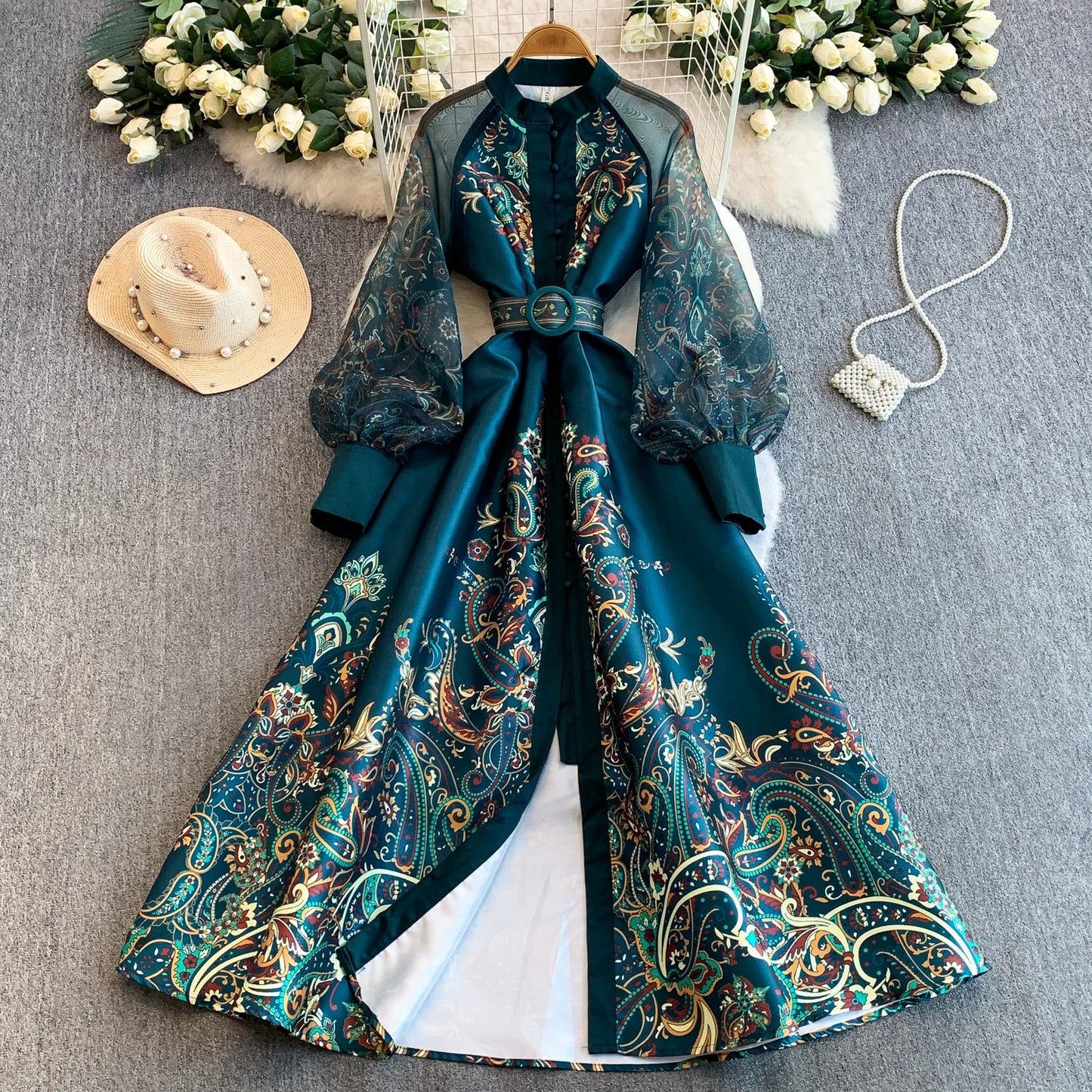 Elegant European Court Style Vintage Mesh Splice Print Lantern Sleeve Long Dress Women's Waist Cinching Slimming Maxi Gown