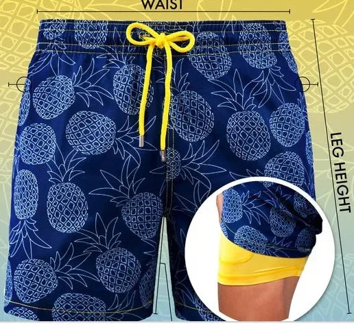 Men's Tropical Print Beach Shorts with Lining — Casual Summer Swim Trunks