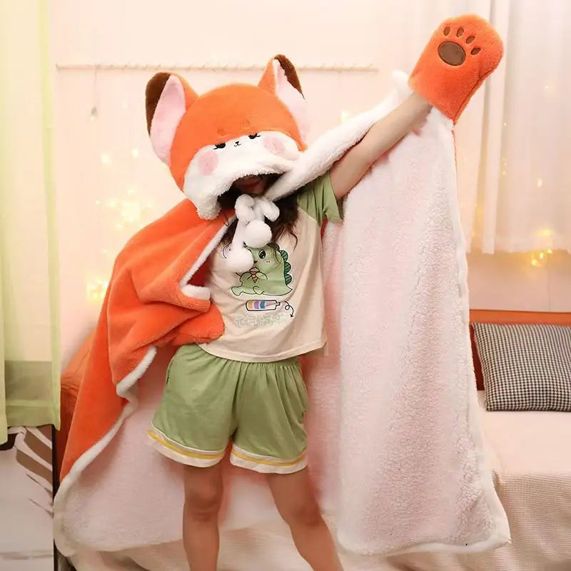 Winter Cartoon Fox Wearable Blanket Cloak — Cozy Shawl Nap Blanket