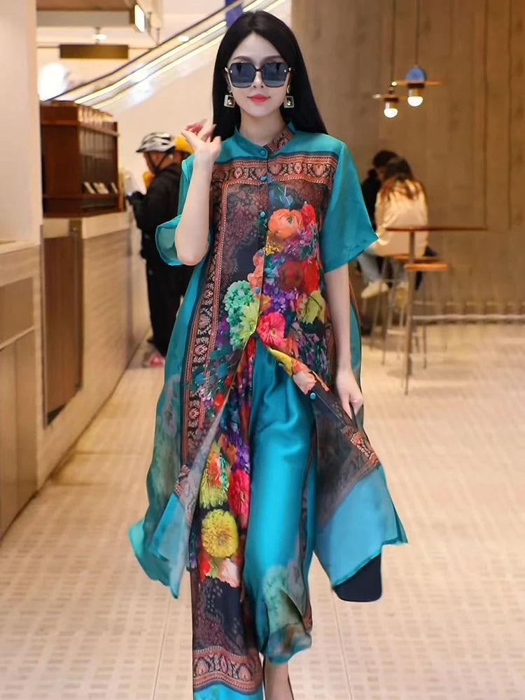 Retro Large Size Floral Print Open Cardigan & Wide Leg Pants Two-Piece Set for Women