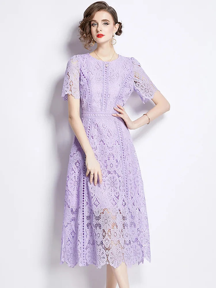Women's Vintage High-End Lace Hollow-Out Long Dress — Slim Elegant Summer Gown
