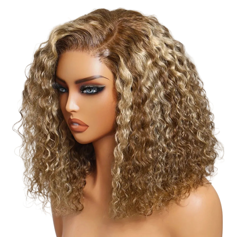 7x5 Bye-Bye Slip™ Lace Honey Blonde Highlights Voluminous Curly Bob Wig | 180% Density Glueless Human Hair