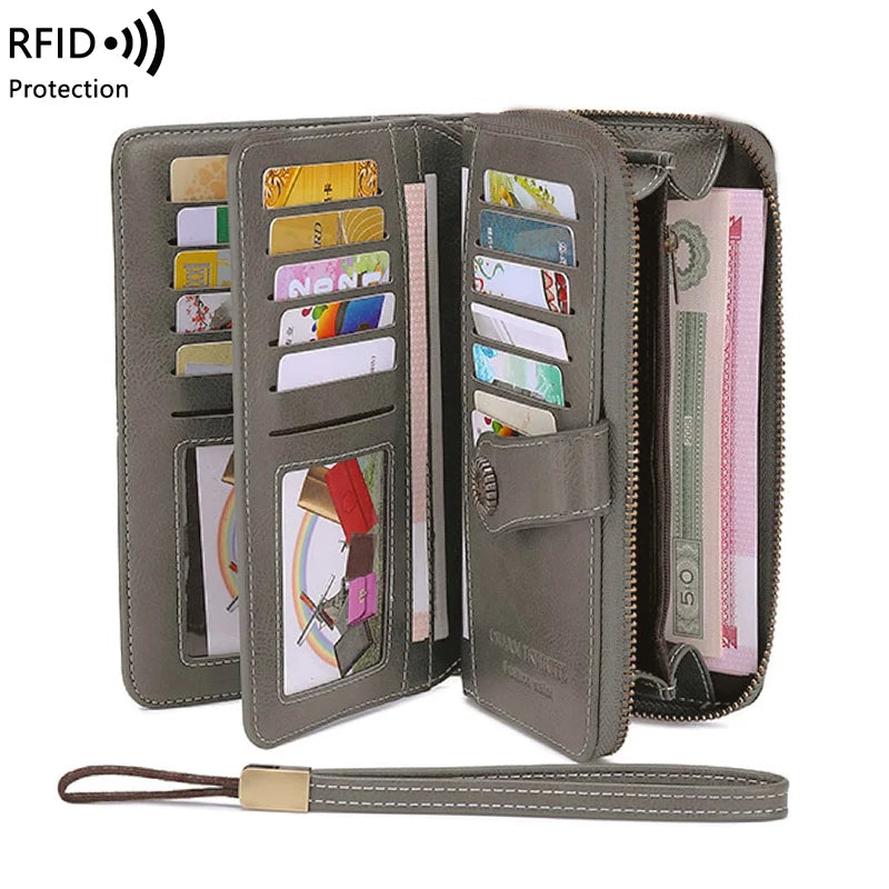 RFID anti-theft brush Retro large capacity long wallet Multi-card women's wallet Multi-function zipper wallet with wrist strap