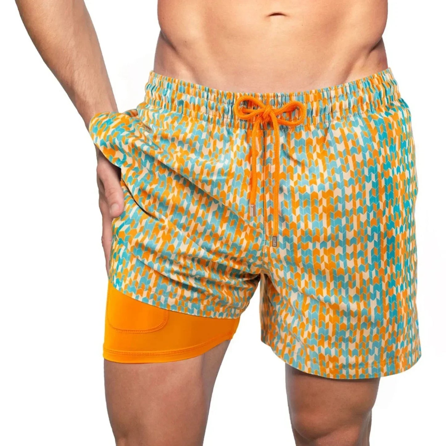 Men's Tropical Print Beach Shorts with Lining — Casual Summer Swim Trunks