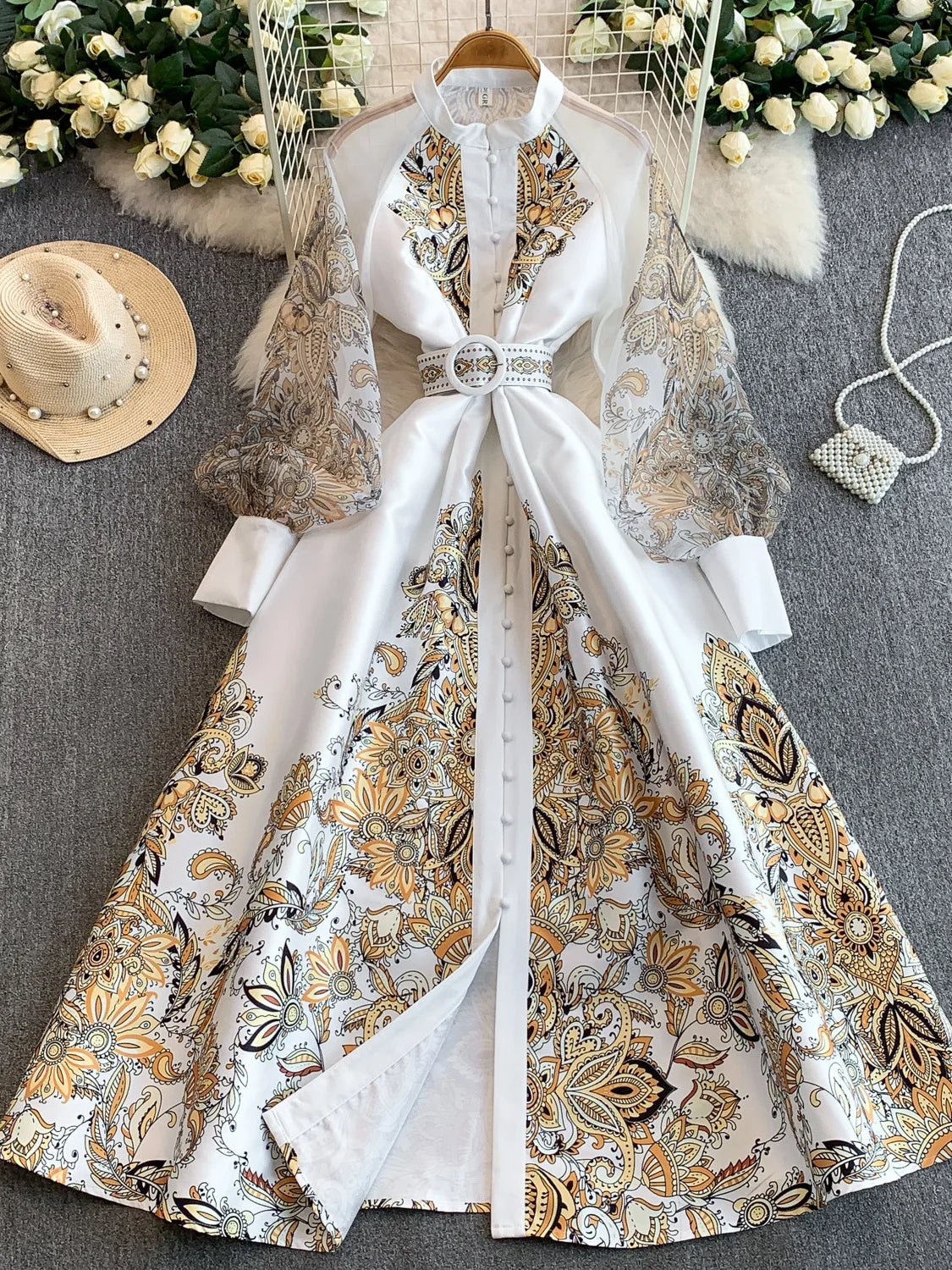 Elegant European Court Style Vintage Mesh Splice Print Lantern Sleeve Long Dress Women's Waist Cinching Slimming Maxi Gown