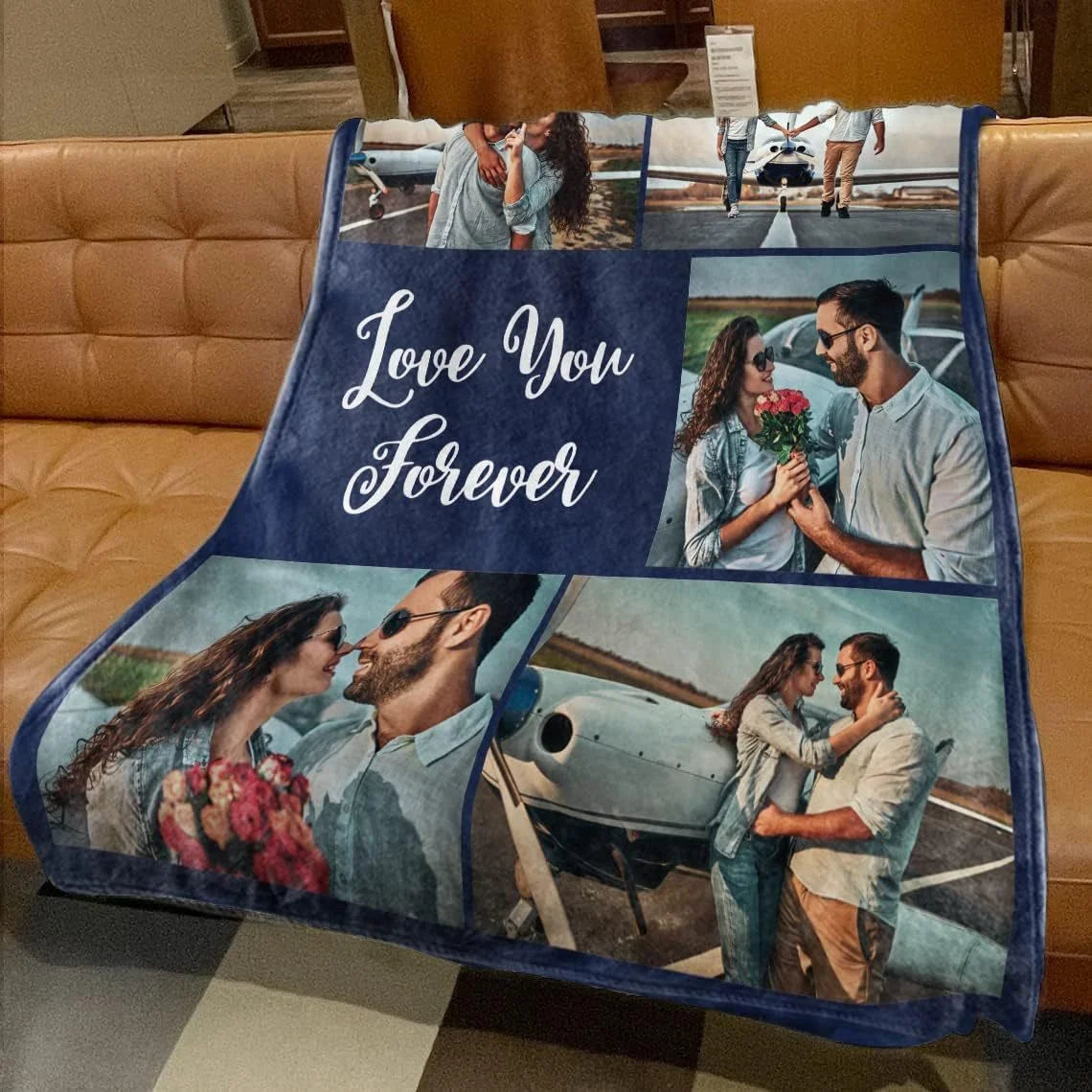 Customised fleece blankets with five photos, suitable for sofas, beds, families, friends, fathers, mothers, couples, and gifts.