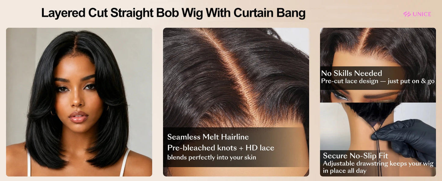 Layered Cut Straight Bob Wig with Curtain Bangs — Glueless 7x5 Lace, Human Hair
