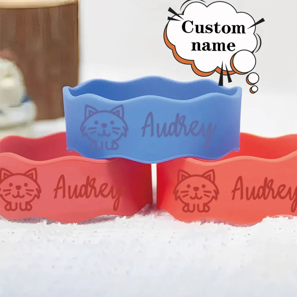 Custom Name Silicone Cup Sleeve with Cute Cat Design, Personalized Kids Water Bottle Band for School & Daycare