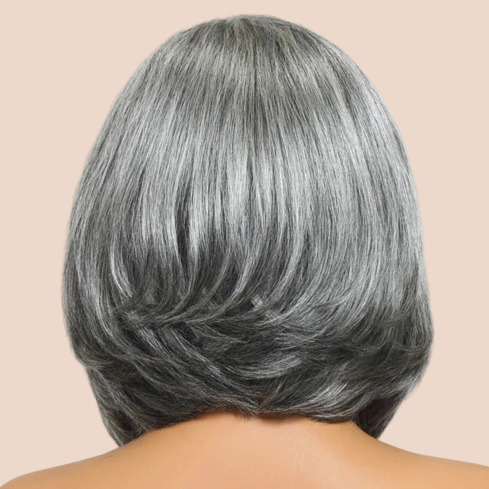 Hair Layered Blowout Salt & Pepper Glueless Human Hair Wig Pre Cut 6.5x1.5 Lace Short Bob Side Part Grey Wig 150% Density