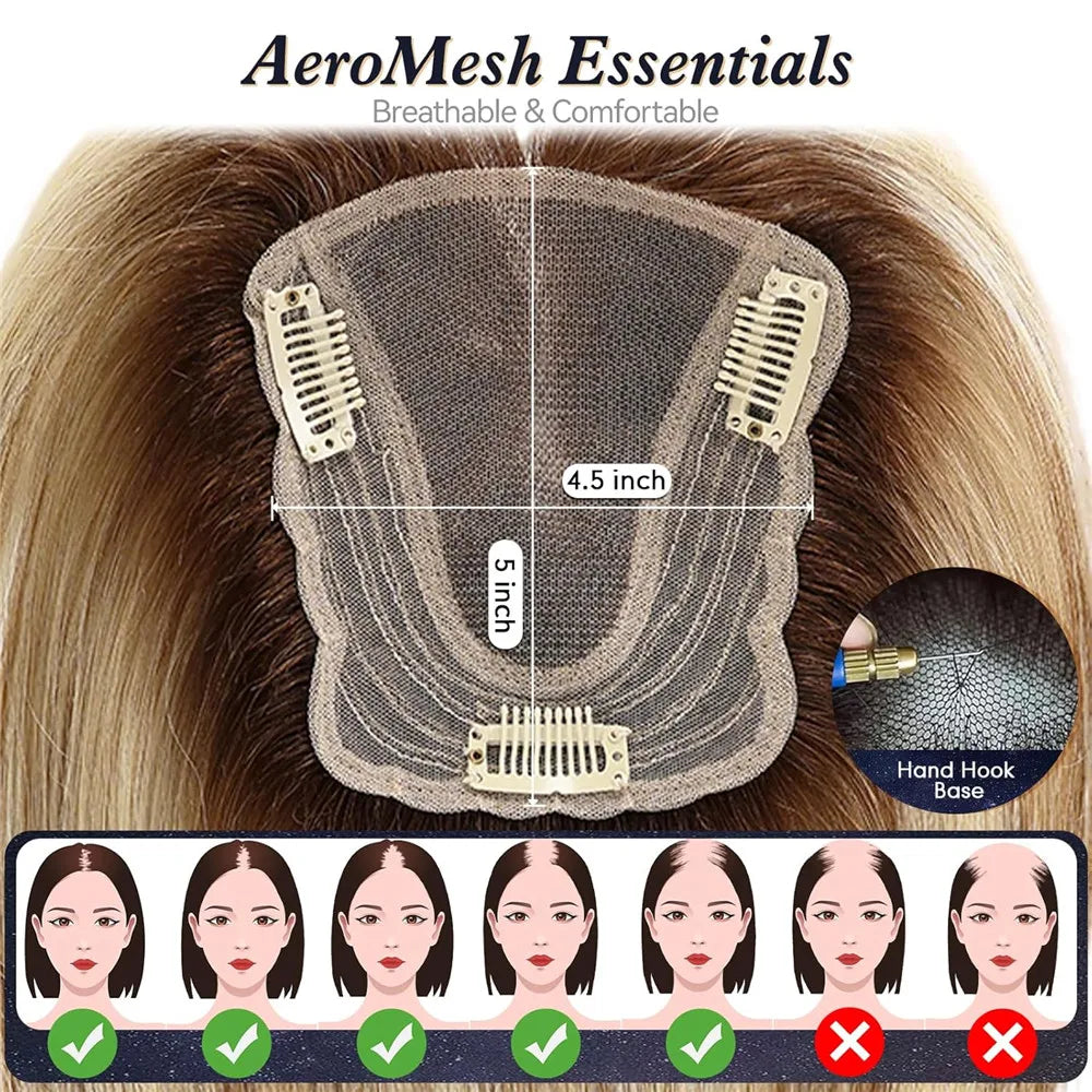Ombre Blonde Highlight Natural Human Hair Toppers for Women 4.5*5 inch Lace Base Hair Topper Silk Straight Remy Hairpiece