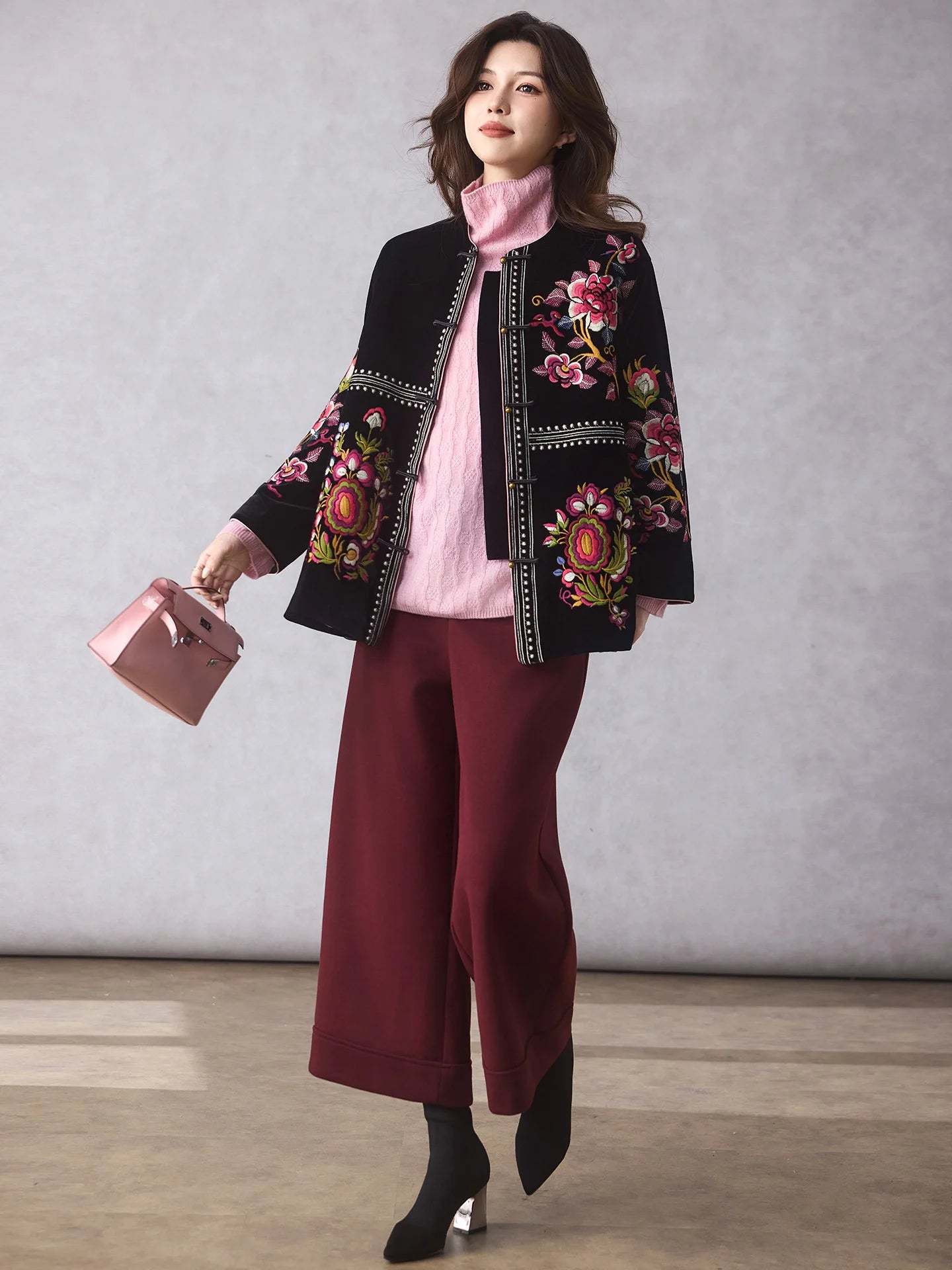 Women's Black Embroidered Velvet Jacket — Chinese Floral Style