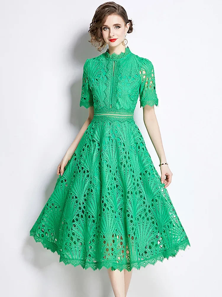Women's Vintage High-End Lace Hollow-Out Long Dress — Slim Elegant Summer Gown