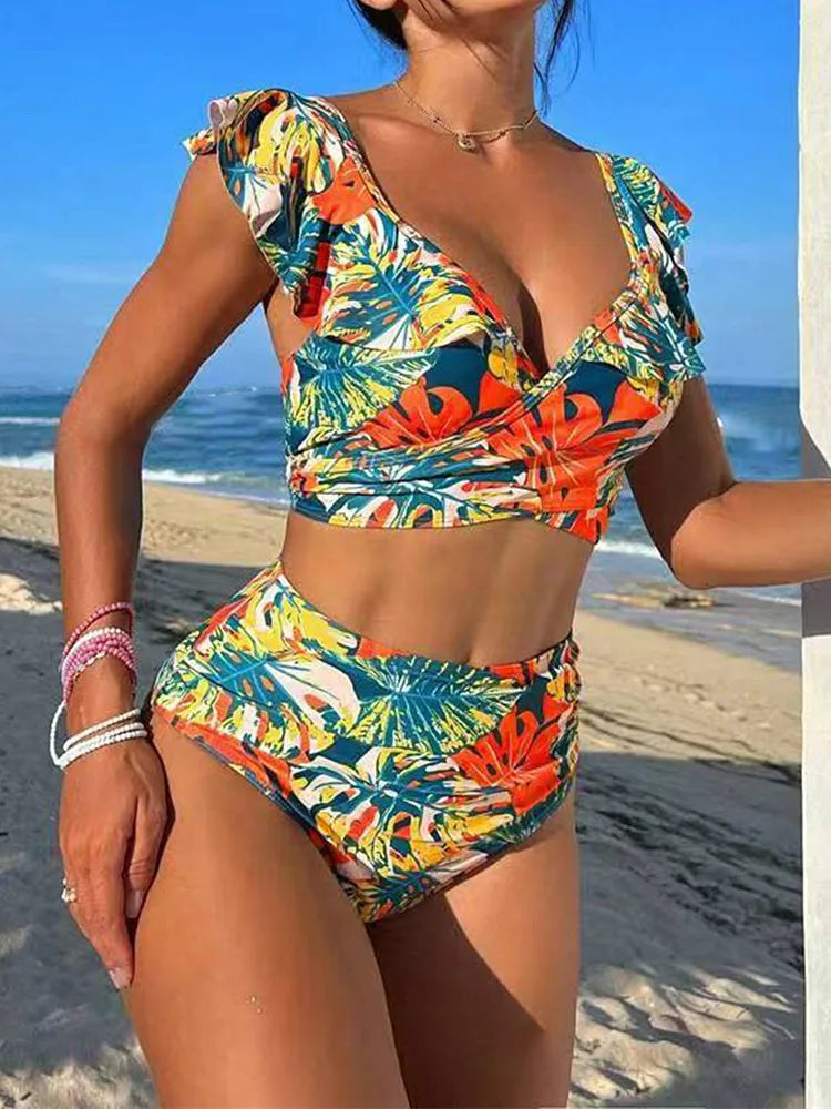 Women's Floral Print Two-Piece Bikini Set — High Waist Sexy Ruffled Swimsuit