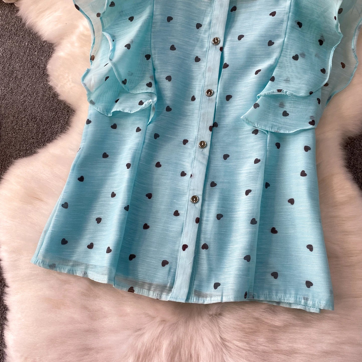 Women's French Style Sweet Chiffon Two-Piece Set — Heart Print Shirt & Flared Skirt