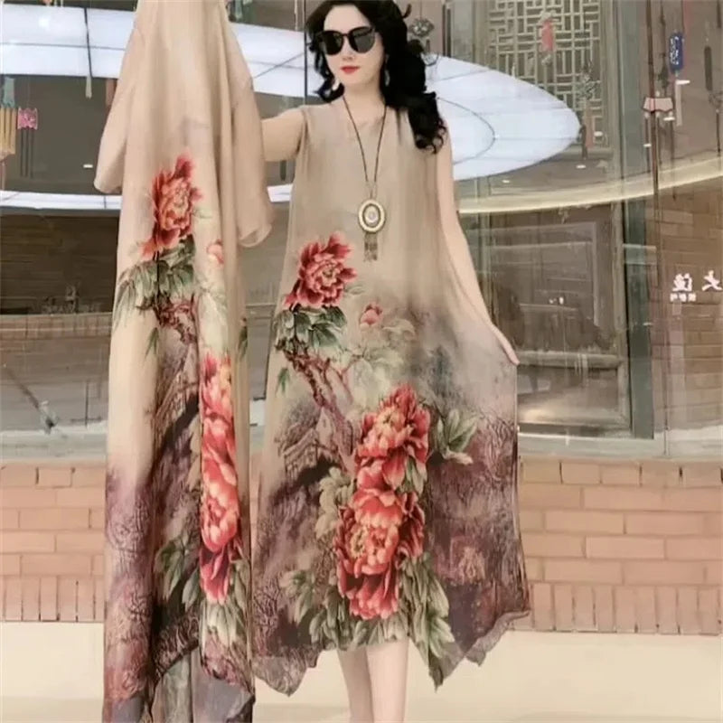 Elegant Printed Chiffon Dress Two-Piece Set