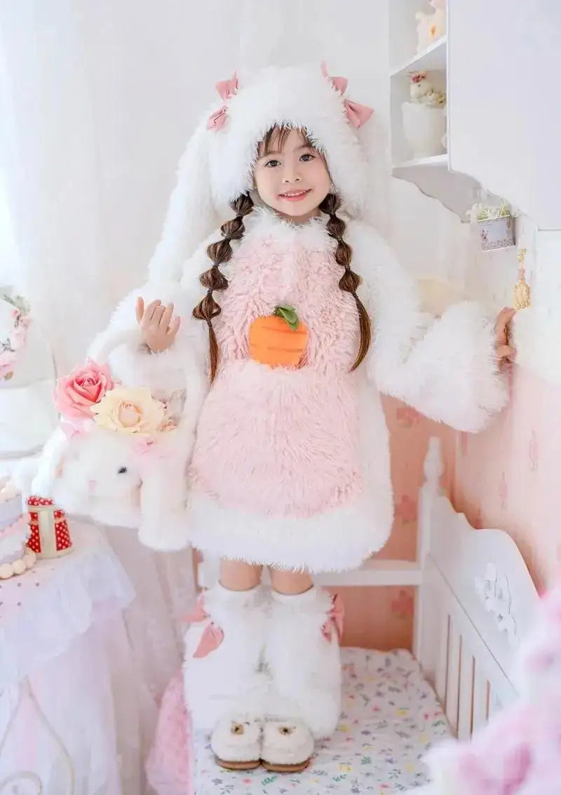 Cartoon Children Plush Rabbit Cosplay Costume Kawaii Kids Winter Warm Sets Top Pants Hat Suit Girl Halloween Party Outfits Gift