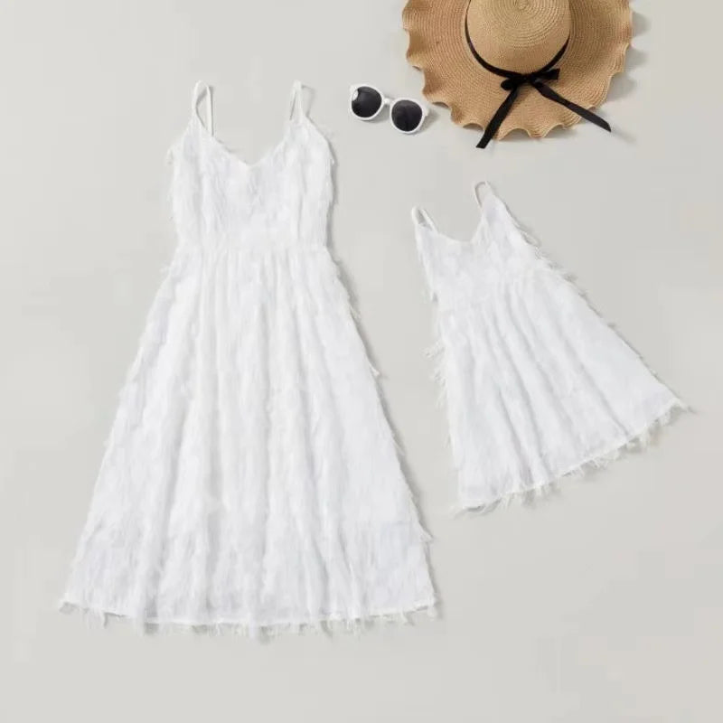 Family Matching Suspender Backless Beach Dress — Mom & Daughter Summer Set