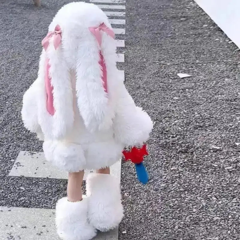 Cartoon Children Plush Rabbit Cosplay Costume Kawaii Kids Winter Warm Sets Top Pants Hat Suit Girl Halloween Party Outfits Gift