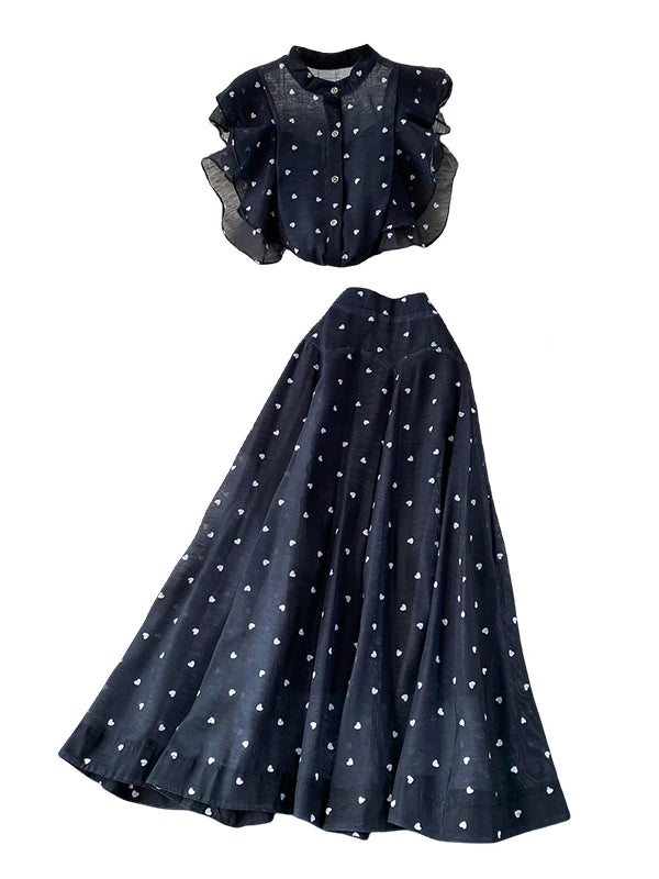 Women's French Style Sweet Chiffon Two-Piece Set — Heart Print Shirt & Flared Skirt
