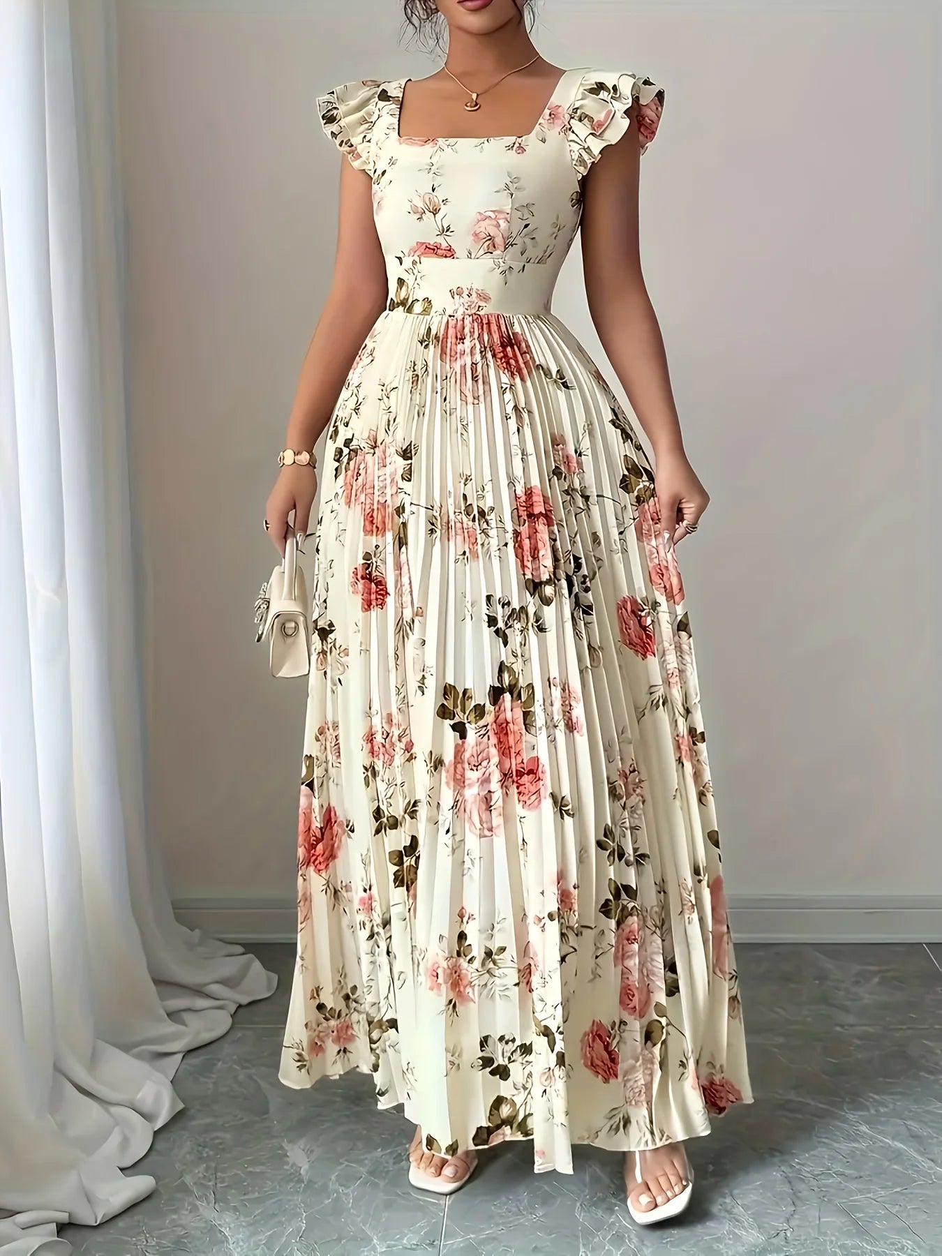 Elegant Floral Pleated Midi Dress — Square Neck Ruffle Sleeveless Party Gown