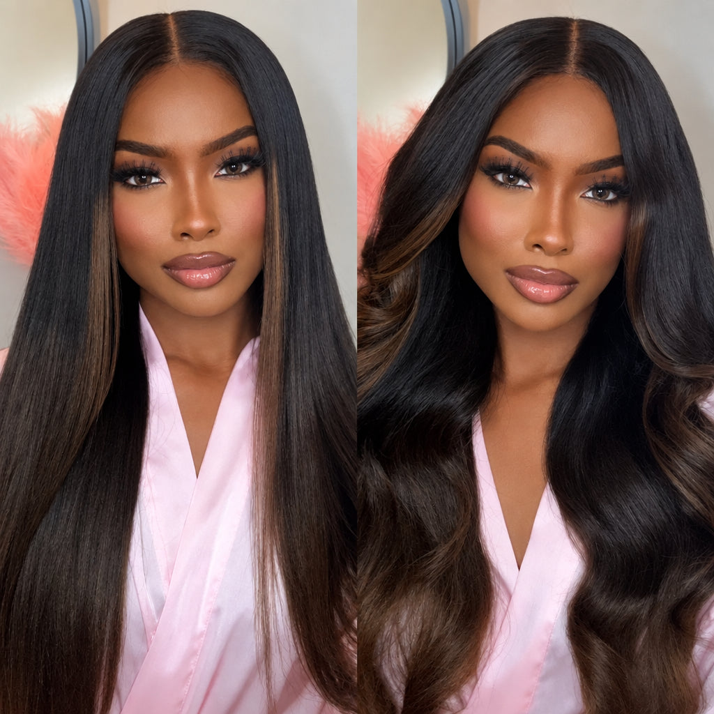 Chestnut Brown Ombre Yaki Straight Wig – 7x5 No-Slip Lace, Glueless with Drawstring
