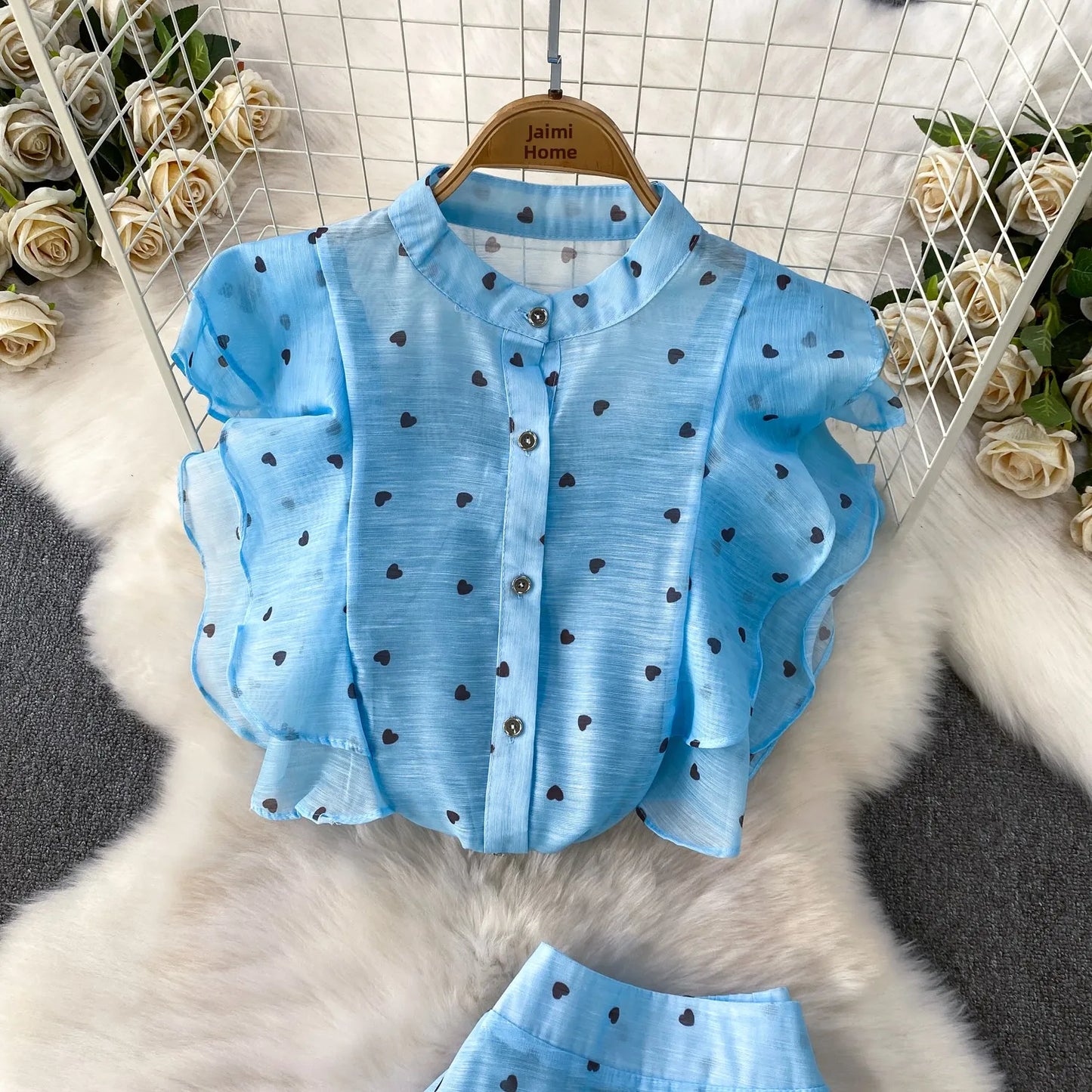 Women's French Style Sweet Chiffon Two-Piece Set — Heart Print Shirt & Flared Skirt