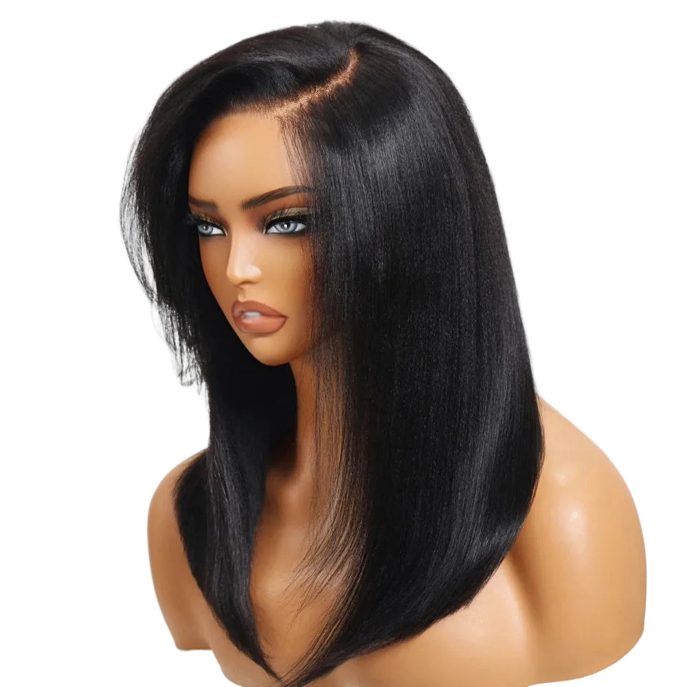 7x5 Lace Drawstring Cap Yaki Straight Wig With Side Bangs Pre Cut Pre Bleached Glueless Wig Human Hair 150% Density