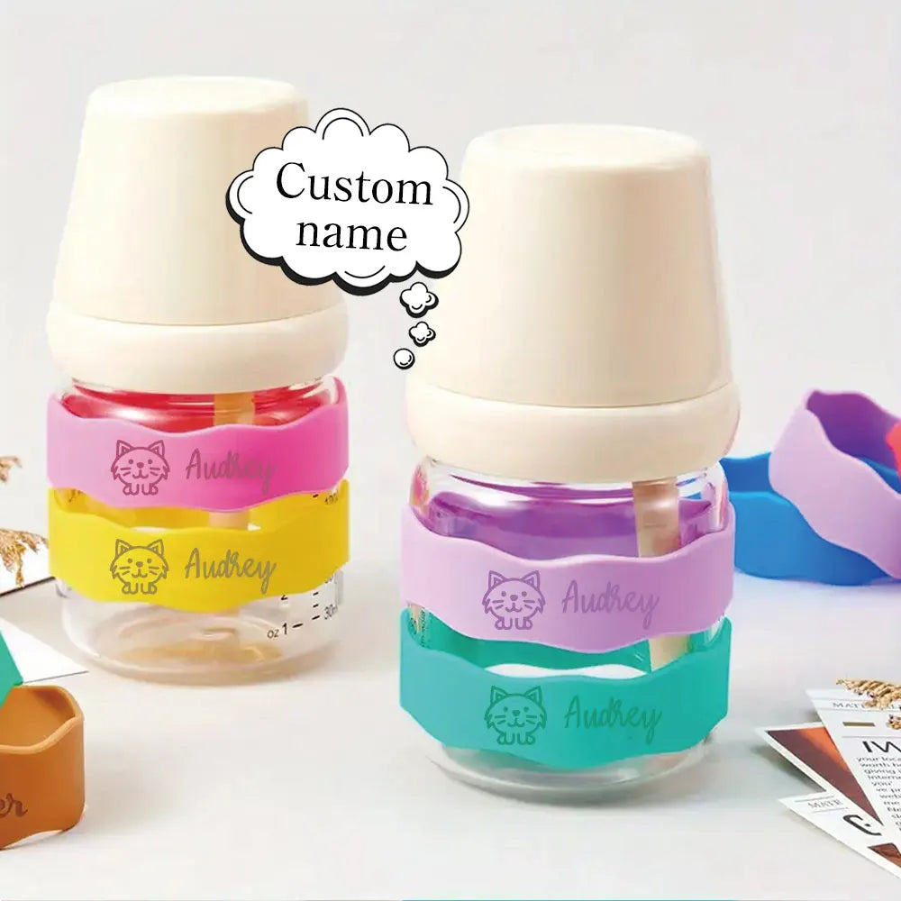 Custom Name Silicone Cup Sleeve with Cute Cat Design, Personalized Kids Water Bottle Band for School & Daycare