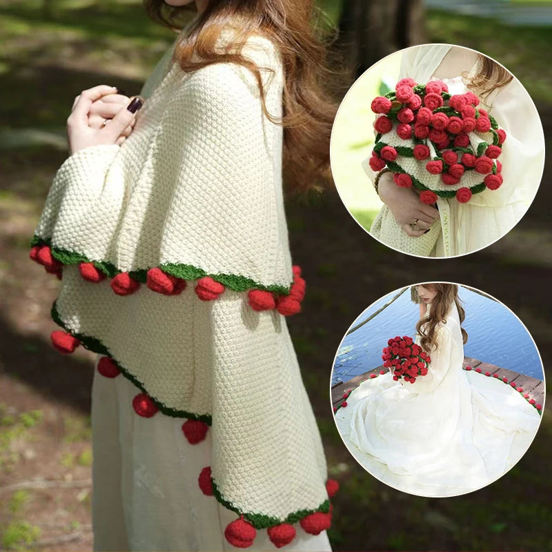 Crochet Flower Bouquet Blanket — Handmade Knit Floral Throw