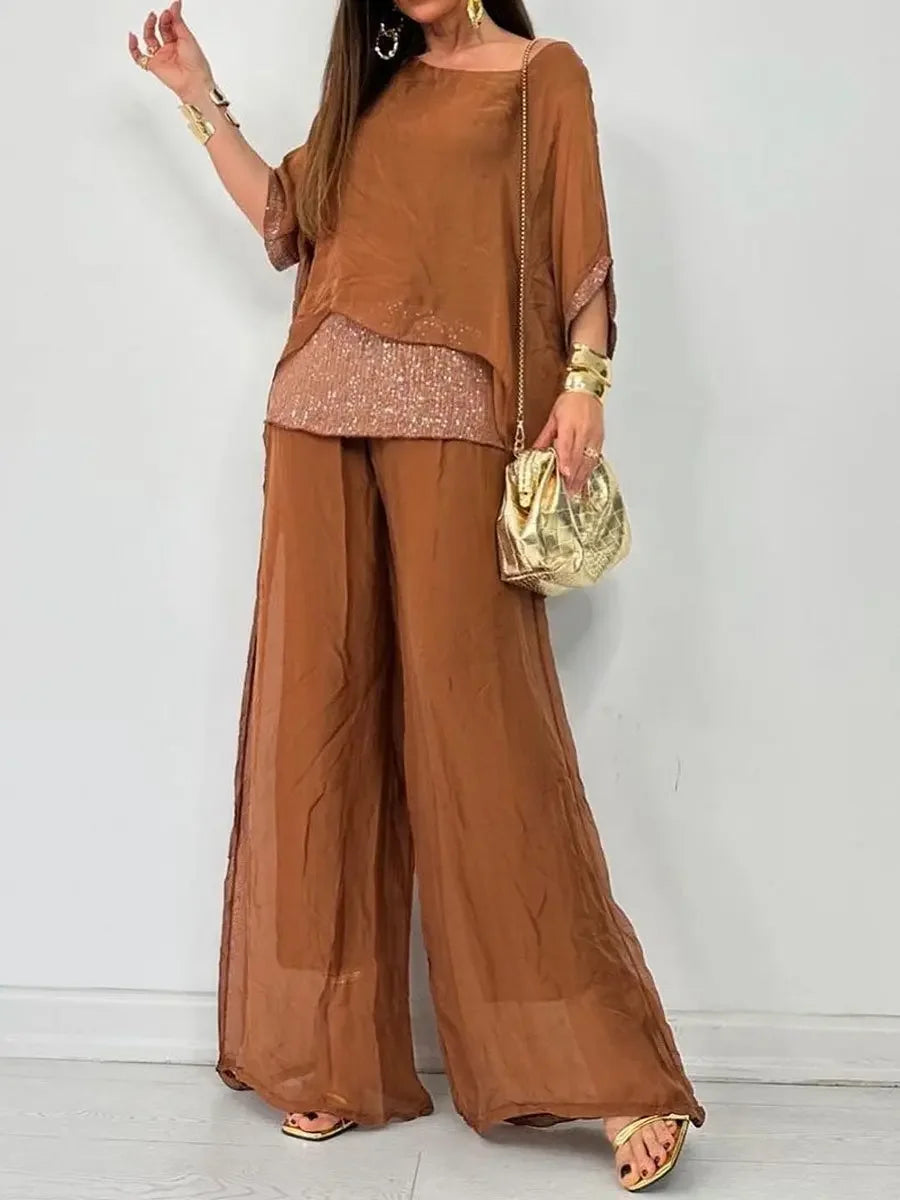 Women's Summer Chiffon Sequin Patchwork Casual Set — Batwing Sleeve Top & Wide Leg Pants