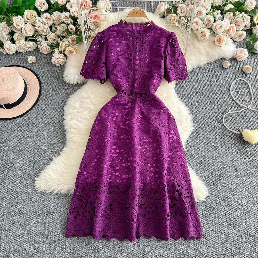 Women's French Style Hollow-Out Lace Dress — Waist-Cinched Short Sleeve A-Line