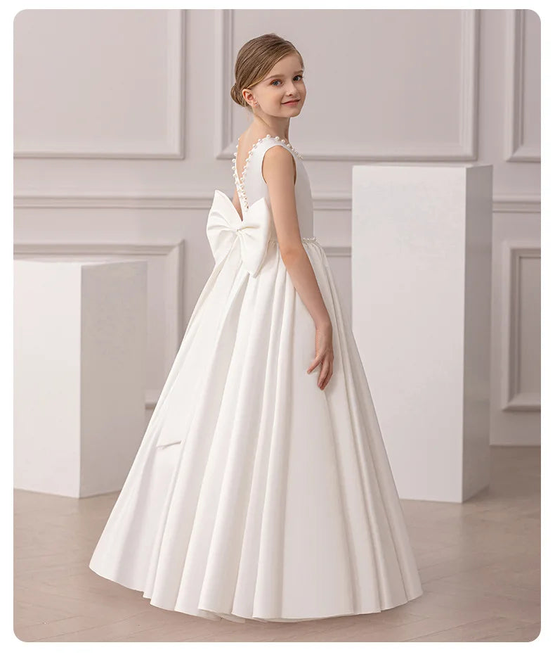Girls Elegant Dress White Wedding Bridesmaid Prom Gown Big Bow Girls Party Dress Kids First Communion Formal Evening Vestidos