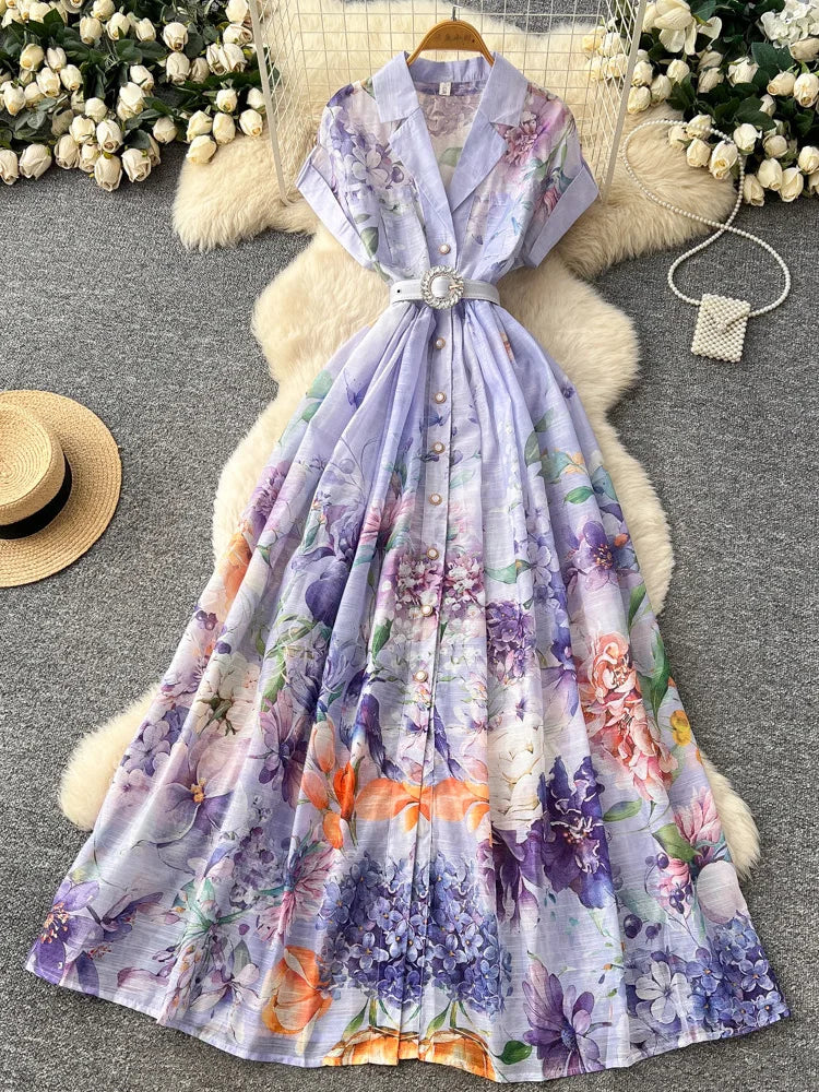Women's French Countryside Chiffon Printed Dress — Raglan Sleeve A-Line