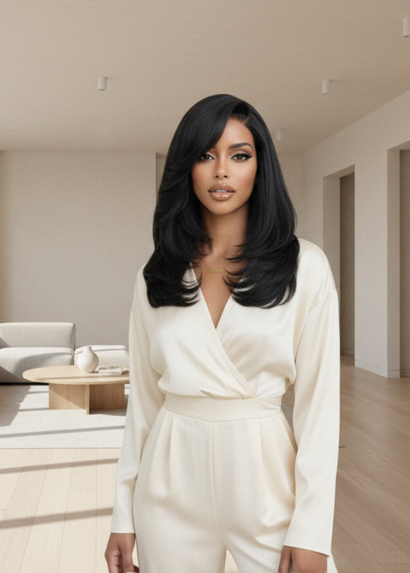Side Part Layered Cut Light Yaki Straight 7x5 Lace Glueless Human Hair Wig Short Bob Wigs