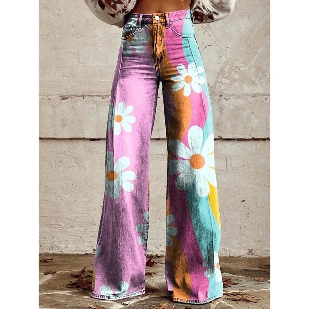 Women's Boho Floral High Waist Wide Leg Pants — Vintage Y2K Loose Trousers