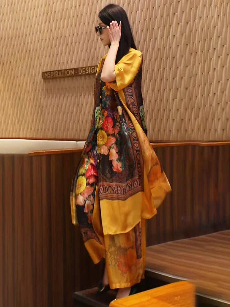 Retro Large Size Floral Print Open Cardigan & Wide Leg Pants Two-Piece Set for Women