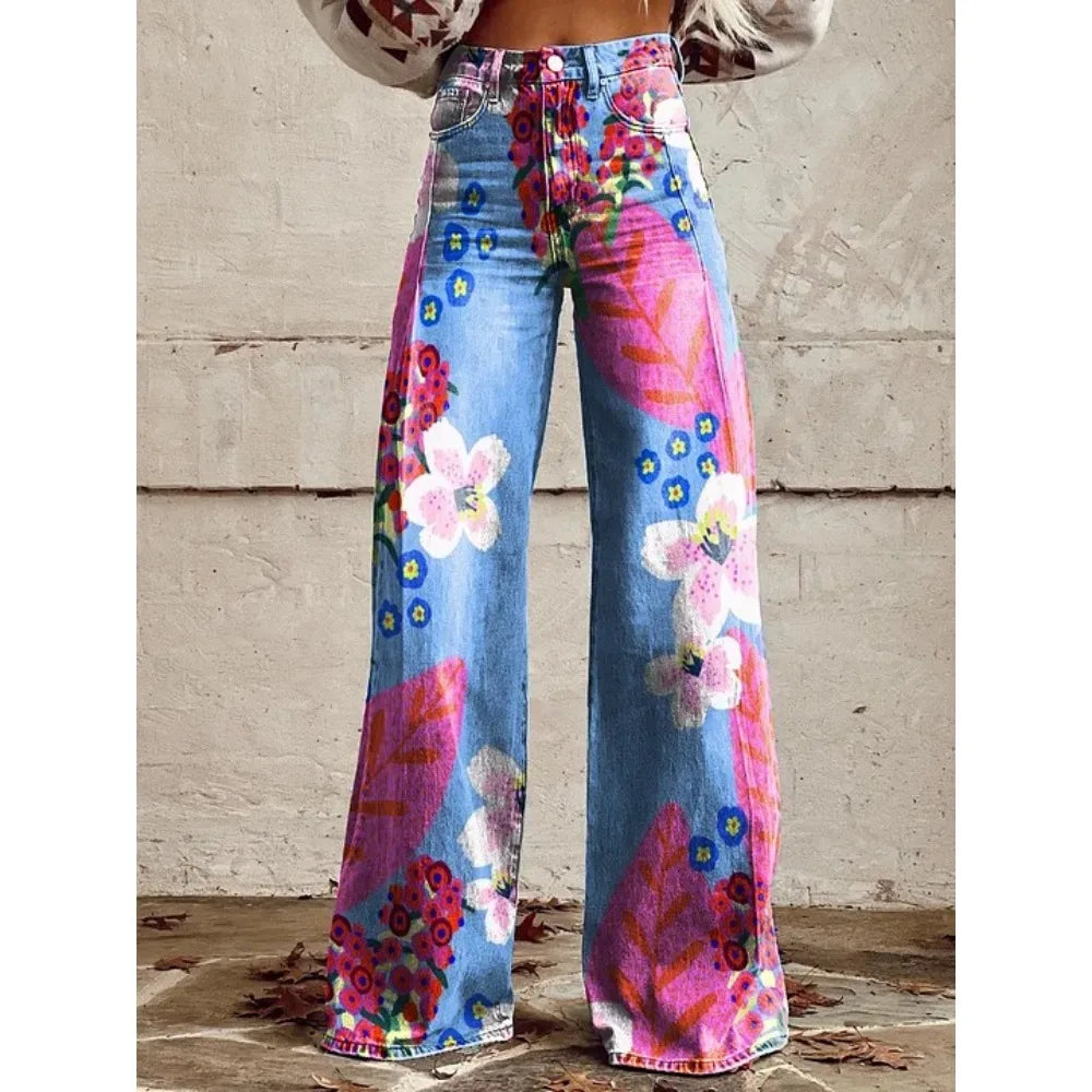 Women's Boho Floral High Waist Wide Leg Pants — Vintage Y2K Loose Trousers