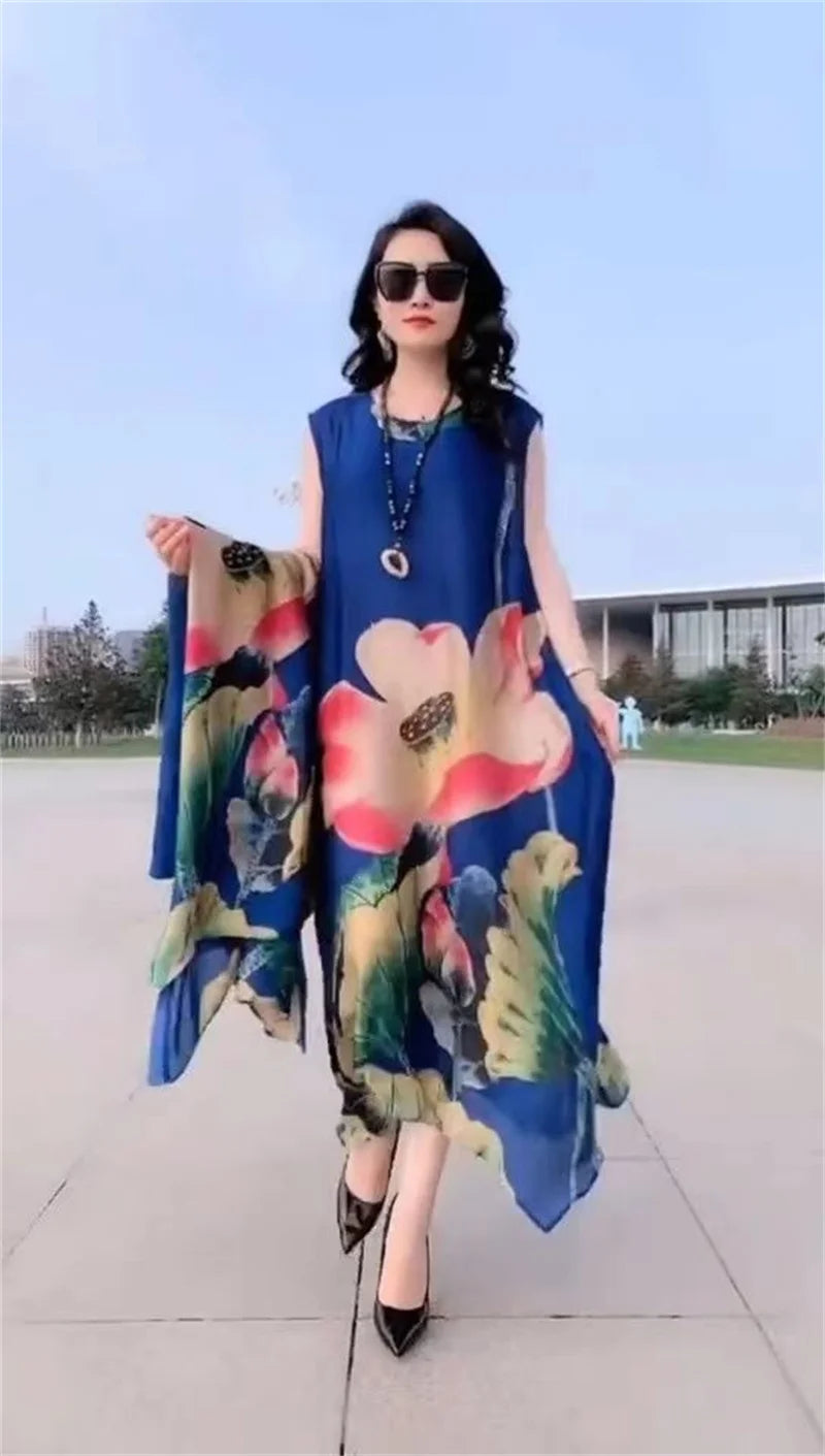 Elegant Printed Chiffon Dress Two-Piece Set