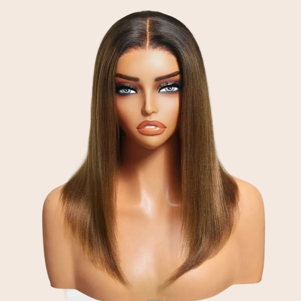 Chestnut Brown Ombre Yaki Straight Bob Wig | 7x5 & 13x4 Glueless Lace | 100% Human Hair