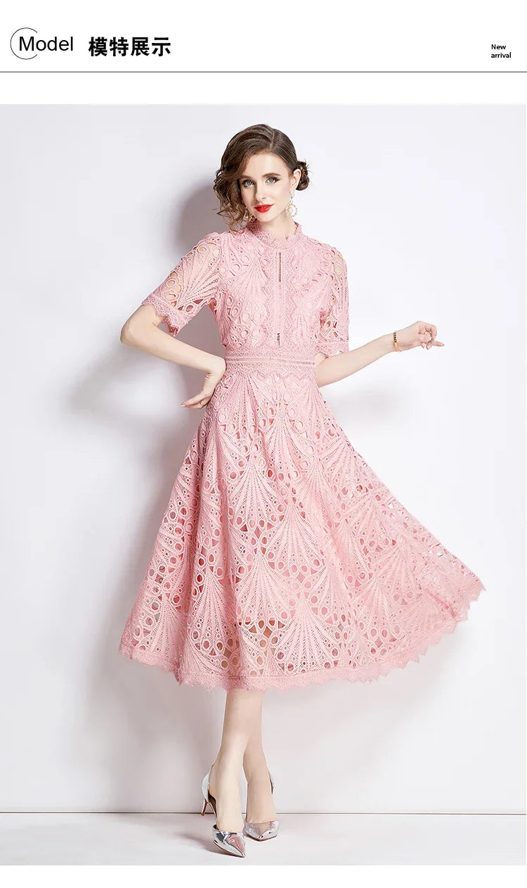 Women's Vintage High-End Lace Hollow-Out Long Dress — Slim Elegant Summer Gown