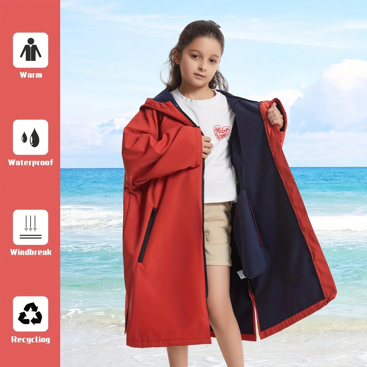 Long Sleeve Waterproof Surf Poncho – Hooded Windproof Changing Robe